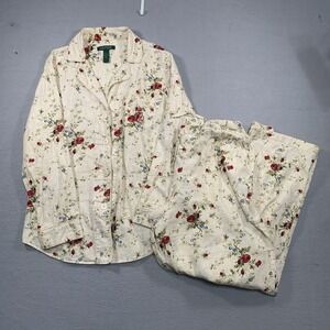 Lauren Ralph Lauren Women's Pajamas 2pc Set Floral Embroidered Logo Cotton Sz M